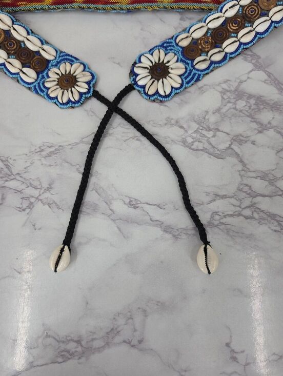 Boho Daisy Cowrie Sea Shell Beaded Embellished Woven Belt BlueWhite